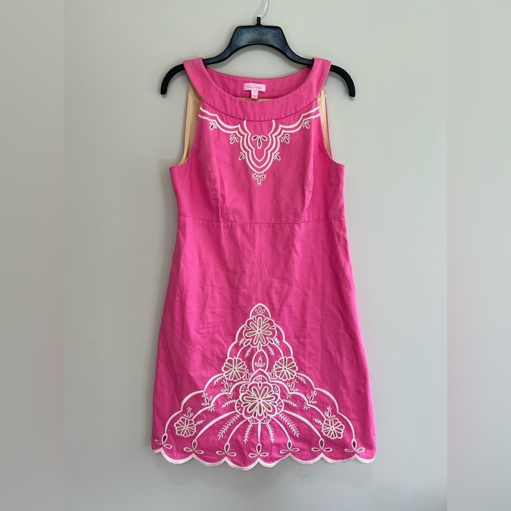 Lilly Pulitzer Embroidered Pink Jacqueline Shift Dress with Scallop Hem, size 8